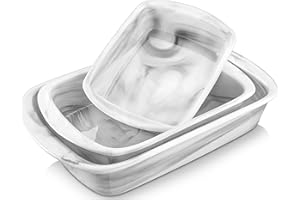 MALACASA, Serie Bake.Grey, 3 TLG. eckige Marmor Porzellan Auflaufformen Backformen Ofenform Set Brotbackform Kuchenform Teller Back Set Schäle Suppenteller in 3 Größe, 1200/2200/3200ml