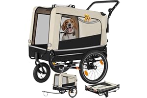 tectake® Carrello per Cani WoofRider, Multifunzionale con Bandierina di Segnalazione, Trasportino da Bicicletta, Jogger per Cani con Struttura Richiudibile, Inserti Mesh Traspiranti - Beige