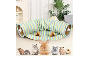 WEEKSUN Bunny Tunnel Bed, Collapsible Tunnel Tubes,Bunny Toys with Removable Mat, Guinea Pig Houses and Hideouts, for Cats Kittens Rabbits Guinea Pigs Kitty - Stripe