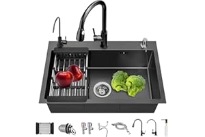 TULAZOU Évier de cuisine, noir mat, en acier inoxydable 304, 80 x 50 cm, avec robinet, distributeur de savon/robinet potable, 80 x 50 cm