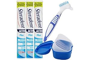 GE AND PE Denture Cleaning Set Including Denture Cleaning Brush, Container for False Teeth Bundled with 3 Packs (90 Tablets) of Steradent Active Plus Cleaning Tablets