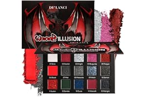 DE'LANCI Red Black Eyeshadow Palette,15 Colors Red Eyeshadow Goth Make-up,Gray Silver Shimmer Glitter Eyeshadow Palette,Burgundy Eye Shadow for Halloween Vampire Clown Makeup, High Pigment,Vegan