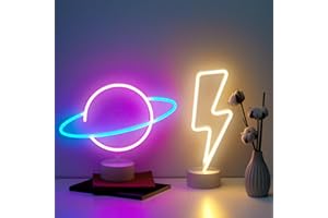 NELUX Pack de 2 Éclair et Planète - Néon LED Mural, Lampe Neon Gaming Chambre Decoration, Enseigne Lumineuse Setup Gamer. Connexion batterie ou USB