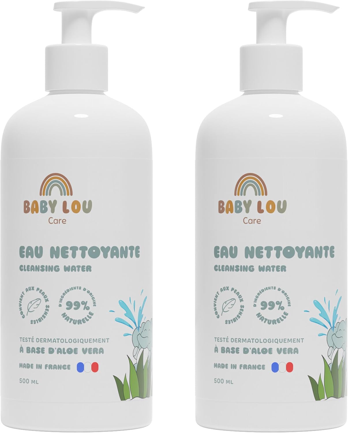 BABYLOU CARE Agua Limpiadora 2x500 ml | Limpiador suave y natural para bebé | Protege y calma | 99% de ingredientes de origen natural | Aloe Vera | Apto para pieles sensibles | Fabricado en Francia