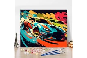 TISHIRON Malowanie według liczb, kolorowe samochody wyścigowe, dla dorosłych, kolorowa tablica dla początkujących, do rysowania samochodów wyścigowych, malowanie 3 pędzlami na płótnie, obraz olejny 40