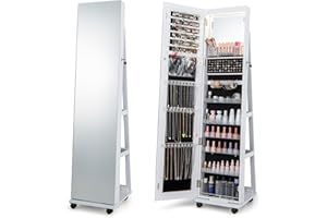 Multigot LED Jewellery Cabinet, Free Standing Mobile Jewelry Armoire with Full-Length Mirror, Built-In Small Mirror and Universal Wheels, Lockable Makeup Storage Organizer for Bedroom (White)