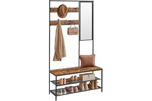 ‎VASAGLE VASAGLE Kleiderständer, Garderobe, Garderobenständer mit Haken, Spiegel, Sitzbank, 35 x 98 x 180 cm, für Eingangsbereich, Schlafzimmer, Wohnzimmer, Industrie-Design, vintagebraun- schwarz HSR415B01