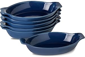 XINLTC Set di Teglie Gratinate in Ceramica, Pirofile Ovali in Porcellana da 350 ml per Dolci, Teglie da Forno per Lasagne Casseruola Tapas con Doppi Manici, Lavabili in Forno, Set di 6, Blu