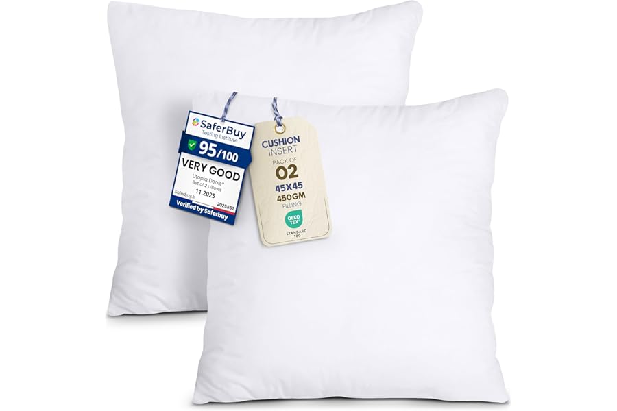 Utopia Bedding Cushion Inserts 45cm x 45cm (18x18 inch) Pack of 2 Hollowfibre Inner Pads for Sofa or Bed – White Cushion Fillers