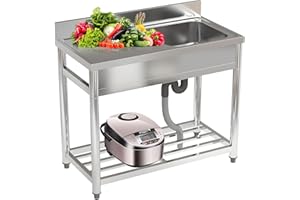 FIDOOVIVIA Commercial Stainless Steel Sink with Storage Shelf, Catering Sink with Drain & Backsplash, 100x50x80cm (No Tap)