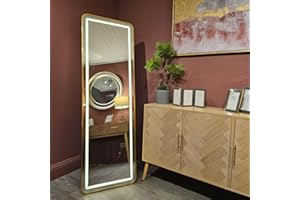 DOWNTON INTERIORS Modern Tall Metal Frame LED Mirror Wall & Floor Standing - 145 x 45cm (Gold Rectangular)