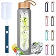 TYESO 32 Oz Borosilicate Glass Water Bottle with Time Marker Reminder Quotes, BPA Free-Wide Mouth Glass Motivational Water Bottles with Bamboo Lid,Silicone Sleeve (Grey)
