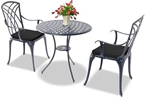 Homeology OSHOWA Grey Aluminium Weatherproof Outdoor Table and 2 Comfortable Chairs with Armrests Bistro Set with Black Cushions