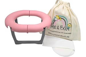 Pee & Bob Dein Töpfchen für unterwegs | Klein & Leicht, Haltbar und Stabil und Made in Germany | Mit Kindern immer und überall eine saubere Toilette, inkl. 5 Einwegtüten (Hellrosa)