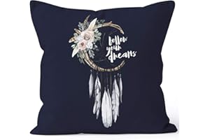 Autiga Kissenbezug Traumfänger Dreamcatcher Follow Your Dreams Spruch Blumen Federn Spruch Boho Kissen-Hülle Deko-Kissen Navy Unisize