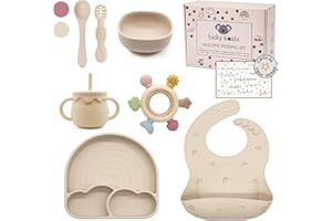 Lucky Koala® Coffret Repas Bébés en Silicone I Assiette et Bol avec Ventouse, Bavoir, Tasse et Cuillères d'apprentissage, Anneau Dentition I Qualité Alimentaire I Sans BPA I Coffret Cadeau