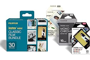 instax mini klassisk filmbunt, 30 bilder som innehåller 1 x 10 skott av foto-glid- och kontaktbladsdesignkanter, plus 1 x 10 shot monokrom film