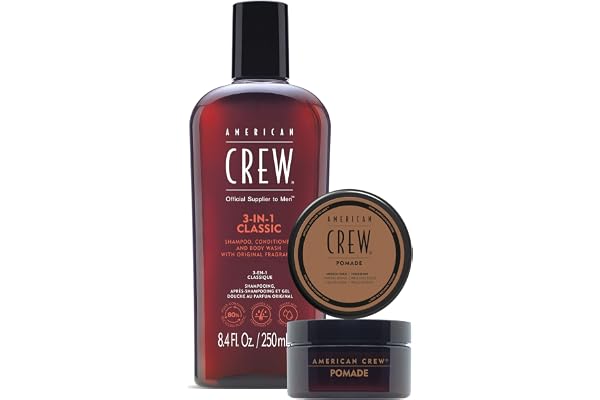 Coffret Duo de Soins American Crew : Shampoing 3 en 1 - Shampoing, Après Shampoing & Gel Douche (250ml) - Parfum Original + Pomade, Cire coiffante (50g)
