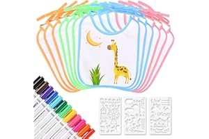 ZeYou Pack of 12 Bibs for Painting, Baby Shower Bibs, White Baby Bibs with 12 Textile Pens and 3 Painting Stencils, Bib Painting for DIY Baby Shower Games