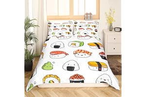 Homemissing Sushi-Muster Bettwäsche 135x200cm im japanischen Stil Trösterbezug für Kinder Jungen Mädchen Teens Essen Thema Bettbezug Niedliche Cartoon Japanische Sushi Zimmerdekor Bettbezug