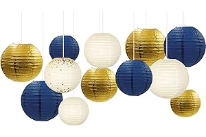 NICROLANDEE Nautical Party Supplies - 12PCS Navy Blue and Gold Glitter Paper Lanterns Hanging Decorations for Navy Party, Birthday, Wedding, Bridal Shower, Bachelorette, Graduation, Wall Decor