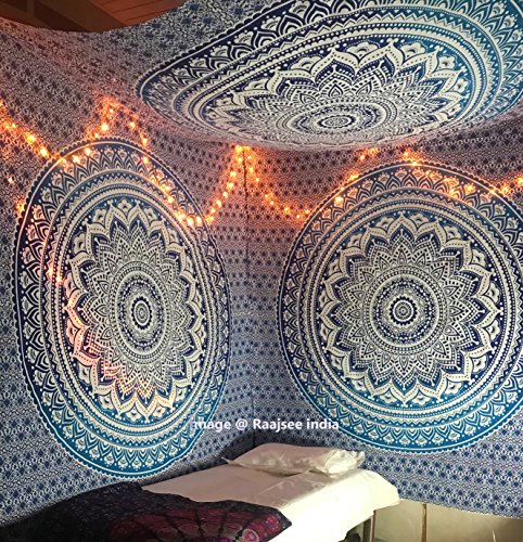 raajsee Weihnachtsgeschenk Blau Ombre Mandala, Bohemian Wandteppich, Tapisserie, Hippie Hippie Psychedelic Wandbehang Elefant Größe 220 * 240 cms