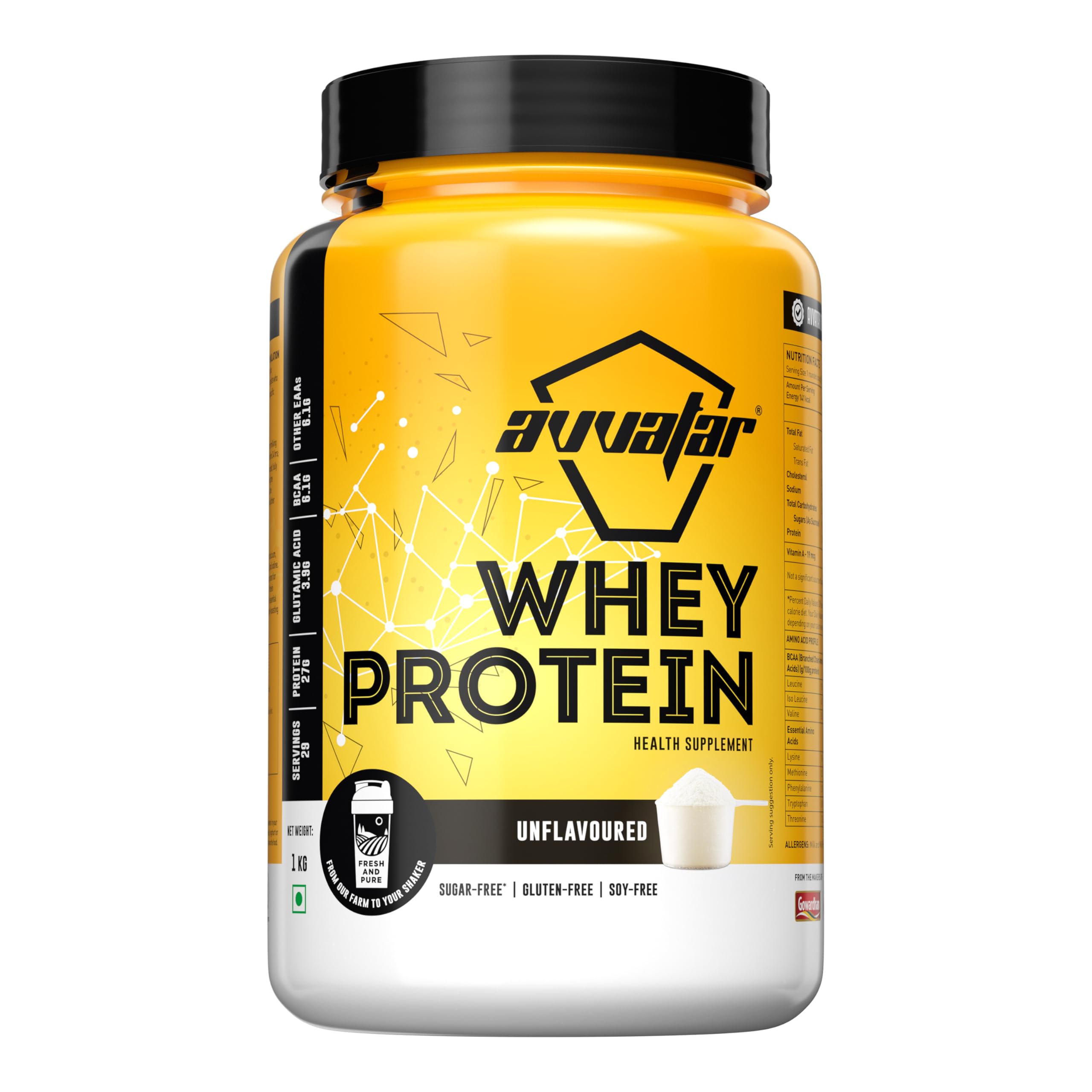 avvatar Whey Protein | 1 KG | Unflavoured | 27g Protein | 29 Servings | Isolate & Concentrate Blend