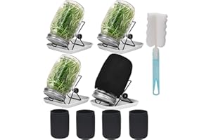 HISREDSUN Bocal de germination de graines,4 pots Mason à large ouverture avec couvercles de germination en acier inoxydable 304, 1000ml, avec plateau, support, toile d'ombrage et brosse, germes de graines