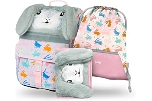 Baagl Schulranzen Mädchen Set 3 Teilig, Zippy Schultasche für 1. Klasse, Grundschule Ranzen Tornister mit Brustgurt, Ergonomischer Schulrucksack (Bunny)