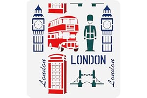 FINGERINSPIRE Londres Ville Mur Pochoir 30x30 cm Réutilisable Cabine Téléphonique Soldat Bus Dessin Pochoir Plastique PET London Tower Bridge Big Ben Gabarit de Pochoir pour Mur, Album Photo, Décor