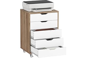 Vinsetto Caisson Bureau Mobile avec 5 tiroirs, Meuble Rangement Bureau sur roulettes pour Documents et imprimante, Caisson de Rangement pour Travail ou Chambre, 47,5 x 39,5 x 67,5 cm, Blanc et chêne