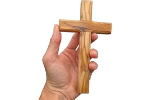 Lunexus Cruz de pared de madera de olivo hecha a mano en Belén, 16 x 9 cm, bendecida con certificado, incluye kit de montaje, cruz católica natural, cruz cristiana de madera para bautismo, comunión