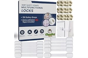 Cheeky Monkey® (10 Pack) Premium Cupboard Locks for Children - Baby Proofing Child Safety Strap Kitchen Cupboards Cabinets with Drawers, Cabinet & Drawer Kids Proof, 3M Adhesive 4 Extra Stickers