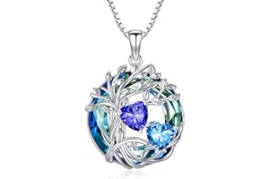 TOUPOP s925 Sterling Silber Familie Baum des Lebens Anhänger Halsketten mit 2 Herz Geburtsstein mit Kristall Kette Schmuck Geburtstag Weihnachten Geschenke für Frauen Sie