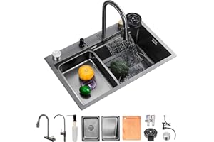 KOOGIMDDR Lavello da cucina 85 x 45 cm per il posto di lavoro con rubinetto a cascata, lavello bar in acciaio inox, lavello da appoggio per uso domestico, lavastoviglie in vetro, cestello antigoccia e