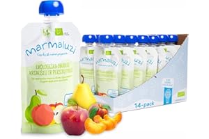 Marmaluzi Premium Organic Baby Food - 6 Months+ Baby Food Pouches - Apple, Pear & Peach Baby Puree - Gluten free, Dairy Free, Non GMO Baby Pouches - Value pack (14 x 90g.)