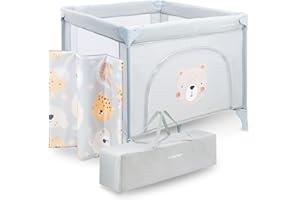 Moby-System Children's Playpen with Mattress and Transport Bag, Large Folding Wheels with Lock, Solid Frame, Non-Slip Overlays, 97 x 100 x 77 cm, Teddy Bear