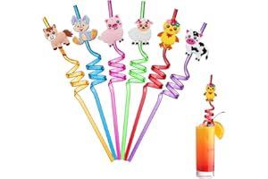 Ulife Mall 6pcs Pailles Animaux de Ferme, Pailles en Plastique Rigide Bouclées Pailles à Boire Réutilisables pour Enfants Pailles pour Fournitures de Fête d'anniversaire, Décoration de Table Fête
