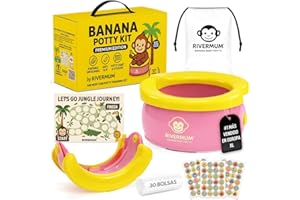RIVERMUM® Kit Orinal Banana Premium XL, Orinal Portatil Niños Plegable,Wc infantil, Ideal para viajes o casa, Incluye 20 Bolsas, Pegatinas, Cacalendario y Bolsa transporte,(NUEVO TAMAÑO XL ROSA)
