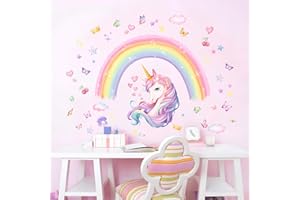 DECVICTOR Stickers Muraux Licorne Arc-en-ciel Autocollant Mural Aquarelle étoiles Arc-en-ciel Decoration Chambre Bebe Fille Le Salon Pépinière Mur