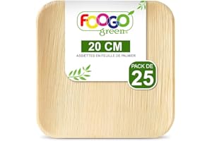 FOOGO Green 25pcs Assiettes Jetables Feuille de Palmier, 20cm Moyennes Carré, Écologique Biodégradable Compostable Comme Assiettes Bois, Bambou, Papier, Plats Chauds, Mariage, Pique-Nique, Fête