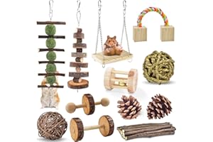 ERKOON Hamster Chew Toys 12 Pack Gerbil Rat Guinea Pig Chinchilla Toys Accessories, Natural Wooden Dumbbells Exercise Bell Roller Teeth Care Molar Toy for Hamster Rabbits Parrot Syrian