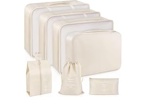 RISVOWO 7 Pièces Organiseurs de Bagage pour Voyage, Organisateur Valise Packing Cubes, Voyage Imperméable Set, pour Vêtements Sous-vêtements, Chaussures et Cosmétiques(Beige)