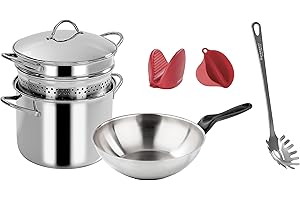 Barazzoni Set 7pz, 100% Pasta Acciaio, Composto da Pastamania con fondo Servispaghetti Mediterranea, Saltapasta Le Inoxidabili, Presine silicone 2 pezzi My Utensil