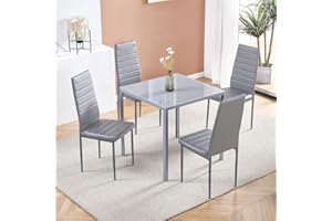 MENAKA Modern Grey Glass Dining Table and Chairs Set of 4 for Small Kitchen, 5 Piece Grey Glass Tempered Squre Table and 4 Grey PU Leather Chairs for Small Dinette Apartment Space Saving