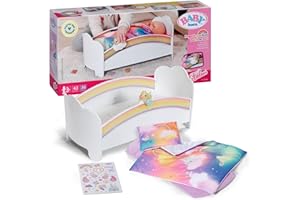 Cama arcoíris BABY born – con luz, melodía, Ropa de Cama Reversible y Pegatinas. Accesorios de Calidad para muñecas, Desde 3 años