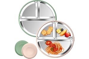 SonPen 2 Stück Edelstahl Baby Teller mit Großer Saugnapf, Ø20cm Kinderteller mit Entfernbarer Silikon Hülle, Babyteller mit Saugnapf Spülmaschinenfest Geteilte, Ungiftig und BPA-frei(Grün Weiß)