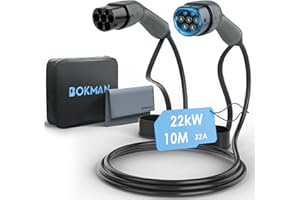 bokman Type 2 EV Charging Cable, Mode 3 / 32A / 22KW / 3 Phase / 10 Meter, Electric Vehicle Car Plug-in Hybrid Type 2 to Type 2 Fast Charging Cable