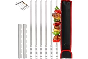 Dicunoy Edelstahl Grillspieße, 9er-set BBQ Grillspieße mit Halterung Edelstahl Set, 43cm Schaschlickspieße mit Grillgestell, Wiederverwendbare flache Shish BBQ Sticks aus Metall mit Kabob Rack Stand