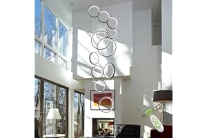 SHIANDAR Modern LED Pendelleuchte Lange Treppenhaus Kronleuchte,Schwarzer LED Kronleuchter mit Fernbedienung Höhenverstellbar Chic 12 Rings Kronleuchter Dimmbar für Hohe Decken